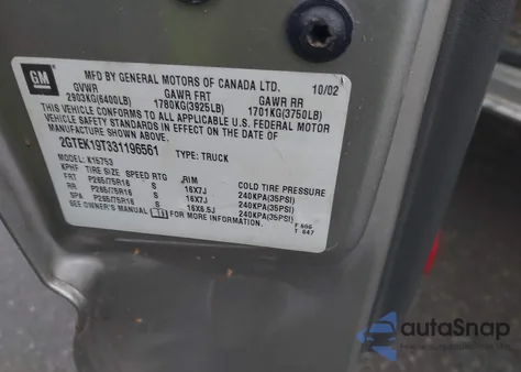 2003 GMC Sierra 1500 Sle from USA, damaged, VIN 2GTEK19T331196561